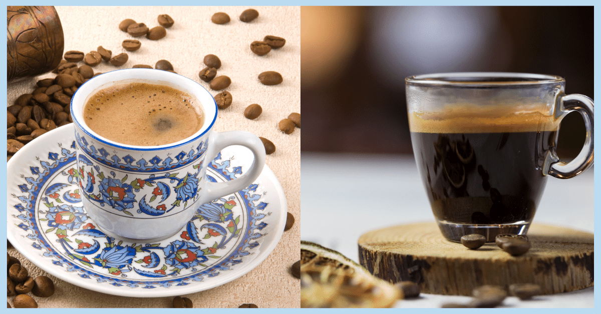 a cup of turkish cofee and a cup of espresso next to each other