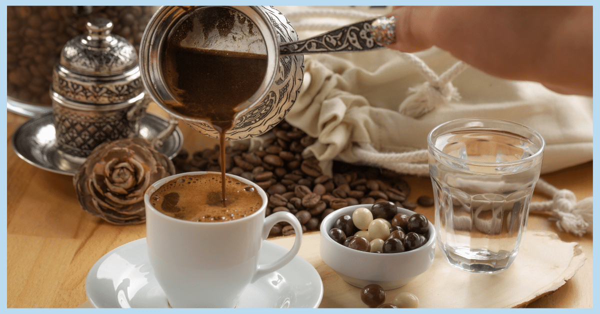 a person preparing a fresh cup of turkish coffee with water and chocolate