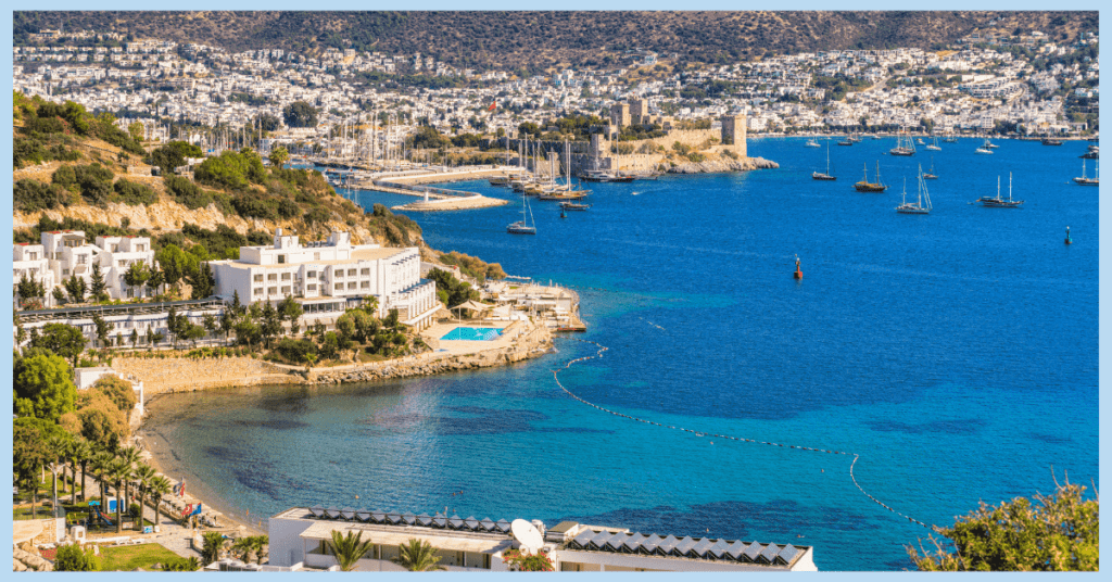the beautiful blue waters of the city of bodrum in turkey