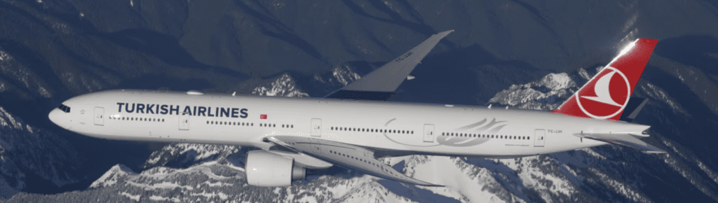 a turkish airlines plane model boeing 777-300ER flying in the sky